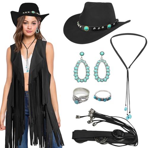 Western-Cowgirl-Kostüm-Set, Western-Outfits für Damen, Cowgirl, Cowboyhut, Korsett, Gürtel, Türkis, Schmuck-Set, 8 Stück von Huaerle