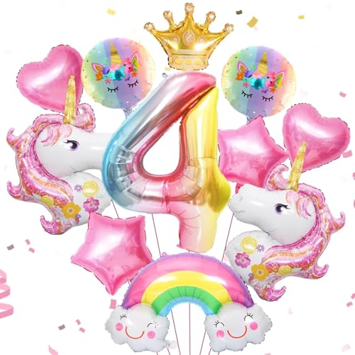 12 Stück Rosa Luftballon Einhorn Geburtstagsdeko 4 Jahre Mädchen Runde Folienballon Einhorn Kindergeburtstag Party Deko Mit Krone/Regenbogen/Stern/Herz/Band/Zahl Für Einhorn Thema Festival Party von Huahuanghui