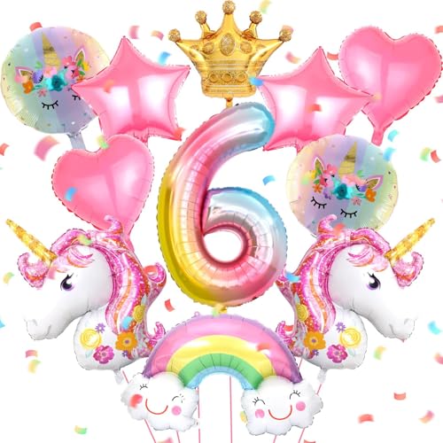 12 Stück Rosa Luftballon Einhorn Geburtstagsdeko 6 Jahre Mädchen Runde Folienballon Einhorn Kindergeburtstag Party Deko Mit Krone/Regenbogen/Stern/Herz/Band/Zahl Für Einhorn Thema Festival Party von Huahuanghui