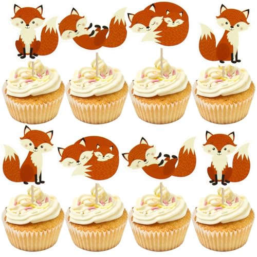 24 Stück Fuchs Muffin Deko,Füchse Tortendeko Geburtstag,Fuchs Cake Toppers,Fuchs Kuchen Topper Set,für Baby Shower Geburtstag Thema Party Kuchendeko von Huahuanghui