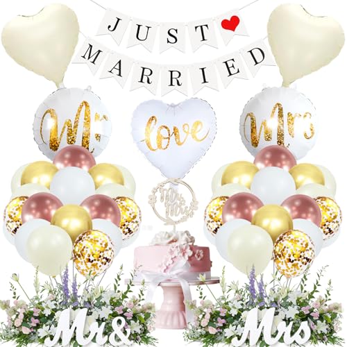 48 Stück Luftballons Hochzeit,Just Married Girlande Deko,Mr & Mrs Deko Hochzeit,Hochzeitsdeko Gartenparty mit Cake Topper Folienballon für Rustikal Party Brautdusche Wedding von Huahuanghui
