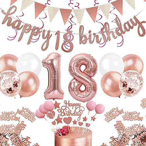 Huahuanghui Deko 18. Geburtstag Mädchen,18. Luftballons Rosegold,18 Geburtstag Luftballons,18 Jahre Deko,mit 18 Folienballon Zahl,Rosegold,Cake Topper,Happy Birthday Girlande von Huahuanghui