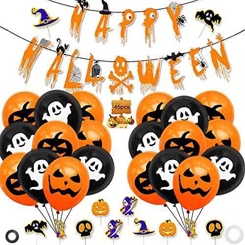 Halloween Deko Set,45 Stück,Halloween Luftballons Halloween Party Luftballons,Halloween Girlande,Happy Halloween Banner Latex Ballons,Grusel Dekoration Set,Halloween Deko Dekoration Kinder Set von Huahuanghui