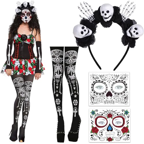 Huahuanghui Día De Los Muertos Totenkopf Haarreifen Damen mit 2 Halloween Gesichtstattoo & 1 Strumpfhose Halloween Kopfschmuck Blumen Schwarz Haarschmuck Set für Halloween, Karneval und Fasching Huahuanghui Día De Los Muertos Totenkopf Haarreifen Damen mit 2 Halloween Gesichtstattoo & 1 Strumpfhose Halloween Kopfschmuck Blumen Schwarz Haarschmuck Set für Halloween, Karneval und Fasching von Huahuanghui