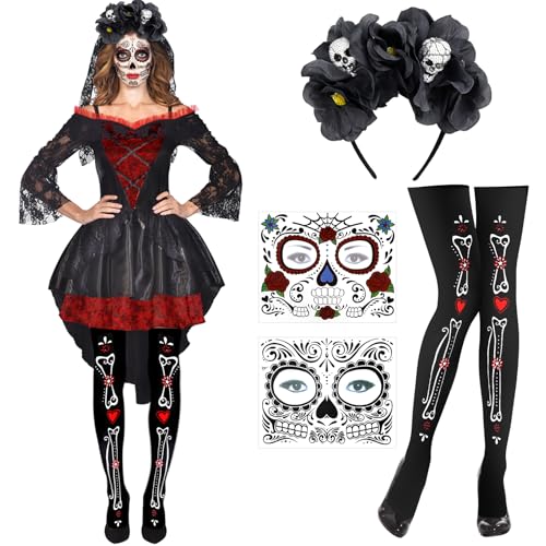Huahuanghui Día De Los Muertos Totenkopf Haarreifen Damen mit 2 Halloween Gesichtstattoo & 1 Strumpfhose Halloween Kopfschmuck Blumen Schwarz Haarschmuck Set für Halloween, Karneval und Fasching Huahuanghui Día De Los Muertos Totenkopf Haarreifen Damen mit 2 Halloween Gesichtstattoo & 1 Strumpfhose Halloween Kopfschmuck Blumen Schwarz Haarschmuck Set für Halloween, Karneval und Fasching von Huahuanghui
