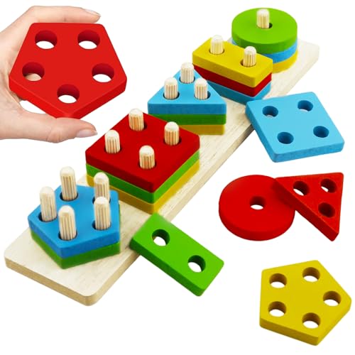 20 pcs Holz Sortier & Stapelspielzeug,Holz Montessori Spielzeug ab 1 2 3 Jahre,Steckpuzzle Holz ab 1 Jahr,Geometrische Baukasten,Holzspielzeug Stapelturm und Puzzle Motorikspielzeug,Lernspielzeug von Huahuanghui