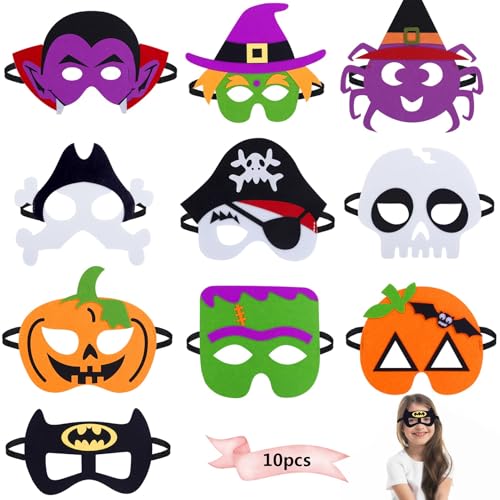 Huahuanghui 10ST Halloween Kinder Cosplay Masken Set,Halloween Filzmaske,Cartoon Kürbisgeist,Fledermaus,Vampir,Hexen,Pirat,Skelett Cosplay Masken für Maskerade/Kindergeburtstag/Halloweenparty von Huahuanghui
