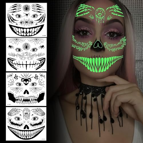 Huahuanghui 4 Blätter Halloween Temporäre Gesichtstattoo,Leuchtende Halloween Tattoos Totenkopf,Glowing Skelett Tattoo Gesicht,Gruselig Schminke Tattoos Halloween von Huahuanghui