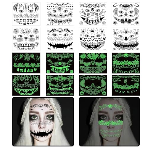 Huahuanghui 8 Blätter Halloween Temporäre Gesichtstattoo,Leuchtende Halloween Tattoos Totenkopf,Glowing Skelett Tattoo Gesicht,Gruselig Schminke Tattoos Halloween von Huahuanghui