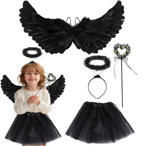 Huahuanghui Schwarze Flügel,Engel Kostüm,Engelsflügel Schwarz mit Federflügel Heiligenschein Zauberstab Engelsrock,Halloween Karneval Fasching Kostüm Mottoparty 2-7 Jahre von Huahuanghui