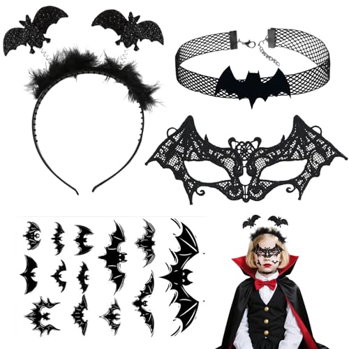 Huahuanghui Halloween Fledermaus-Set: Haarreif, Halsband, Abziehtattoos, Fledermaus-Brillengestell- Grusel Accessoires für Halloween-Dekoration, Cosplay, Kostümparty von Huahuanghui