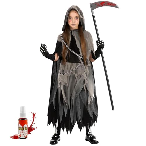Huahuanghui Halloween Kostüm Sensenmann Mädchen, Gruselig Mit Sichel und Kunstblut, Reaper Kostüm für Kinder, Karneval, Cosplay, Party M Huahuanghui Halloween Kostüm Sensenmann Mädchen, Gruselig Mit Sichel und Kunstblut, Reaper Kostüm für Kinder, Karneval, Cosplay, Party M von Huahuanghui