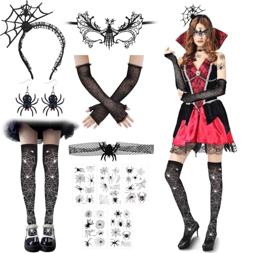 Halloween Spinnenkostüm 14 Stück, mit Spinnennetz Strumpfhose, Damen Fingerlose Handschuhe Spitze, Haarreifen Spinne, Spinnen Maske, Ohrringe, Halloween Karneval Spinne Accessoires Halloween Spinnenkostüm 14 Stück, mit Spinnennetz Strumpfhose, Damen Fingerlose Handschuhe Spitze, Haarreifen Spinne, Spinnen Maske, Ohrringe, Halloween Karneval Spinne Accessoires von Huahuanghui