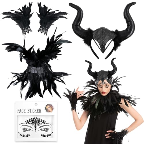 Huahuanghui Maleficent Kostüm Damen, Federkragen Schwarz Set, mit Feder Handschuhe Schwarz und Teufelshörner, Schwarzer Federumhang, Damen Feder Manschetten, zum Halloween Karneval Masquerade Cosplay Huahuanghui Maleficent Kostüm Damen, Federkragen Schwarz Set, mit Feder Handschuhe Schwarz und Teufelshörner, Schwarzer Federumhang, Damen Feder Manschetten, zum Halloween Karneval Masquerade Cosplay von Huahuanghui