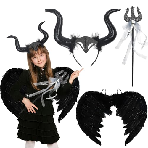 Huahuanghui Maleficent Kostüm Mädchen Kinder, karneval kostüme Kinder Mädchen mit Königin Hörner Flügel und Spazierstock,Maleficent Hörner Kostüm Mädchen für Halloween,Karneval,Cosplay, Schwarz Huahuanghui Maleficent Kostüm Mädchen Kinder, karneval kostüme Kinder Mädchen mit Königin Hörner Flügel und Spazierstock,Maleficent Hörner Kostüm Mädchen für Halloween,Karneval,Cosplay, Schwarz von Huahuanghui