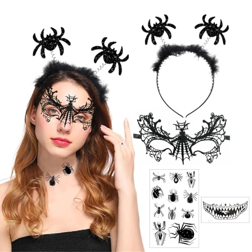 Huahuanghui Spinne Haarreif Maske Set 4 Stück, Spinne Stirnband, Spinne Maske, Spinnennetz Tattoo, Spinnen Haarschmuck, Halloween Karneval Spinne Accessoires Huahuanghui Spinne Haarreif Maske Set 4 Stück, Spinne Stirnband, Spinne Maske, Spinnennetz Tattoo, Spinnen Haarschmuck, Halloween Karneval Spinne Accessoires von Huahuanghui