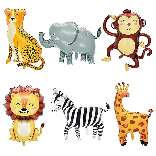 Huahuanghui 6 Stücke Dschungel Safari Luftballons,Folienballon Tiere,Dschungel Safari Tierballons,3D Riesiger Löwe,Leopard,Giraffe,Zebra,Elefant,Affe Folienballon,für Junge Mädchen Geburtstagsdeko von Huahuanghui