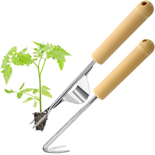 Huahuanghui Unkrautstecher Edelstahl, 2 Stück Gartengeräte Unkrautjäter mit Holzgriff Manueller Weeder Handjätgerät Wurzeljäter Unkrautgabel für Garten Jäten,Umpflanzen,Gartenwerkzeug Set von Huahuanghui