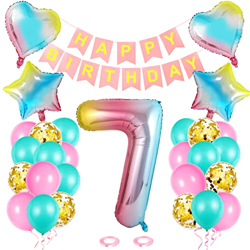 Luftballon 7 Geburtstag Bunte, Kindergeburtstag Deko balloon Set, Happy Birthday Banner Luftballons, Geburtstagsdeko 7 Jahr Mädchen, Bunt Folienzahlen Ballons 7, Deko für Mädchen Junge Regenbogen von Huahuanghui