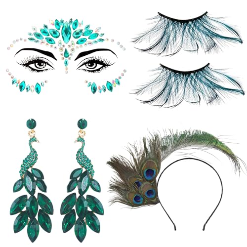 Pfau Kostüm Damen Set, Pfau Haarband für Damen mit Pfauenfedern Wimpern, Pfauenfedern Ohrringe und Glitzersteine Gesicht, Pfauenfedern Haarschmuck, zum Karneval Halloween Mottoparty Cosplay Pfau Kostüm Damen Set, Pfau Haarband für Damen mit Pfauenfedern Wimpern, Pfauenfedern Ohrringe und Glitzersteine Gesicht, Pfauenfedern Haarschmuck, zum Karneval Halloween Mottoparty Cosplay von Huahuanghui