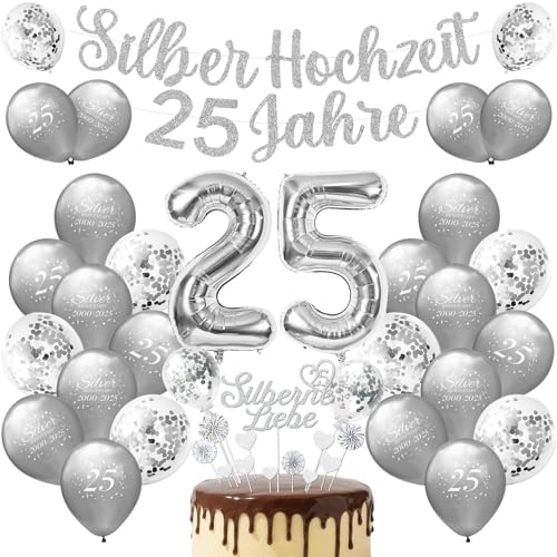 Silberhochzeit Deko, 25 Jahre Silberhochzeit luftballons set, 25. Silberhochzeit Luftballons, Silberne Hochzeitsbanner, Tortendeko Silberhochzeit, für Silberne Hochzeit Feier Jubiläum Deko von Huahuanghui