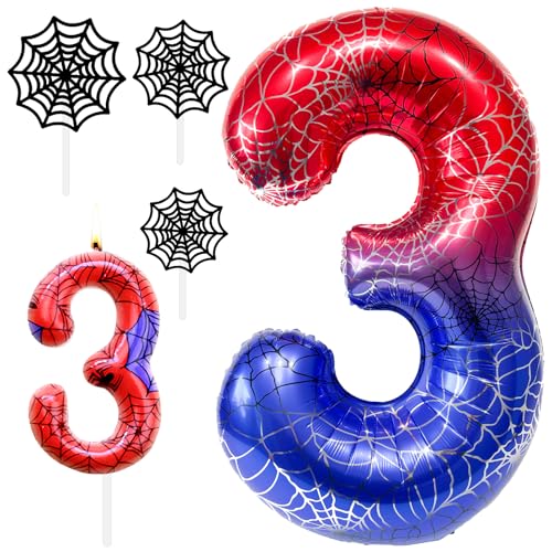 Spider Geburtstagsdeko 3 Jahre Set 40 Zoll Spinne Luftballon 3 Jahre Mit Geburtstagskerzen Zahlen 3 Spinnennetz Tortendeko Geburtstag Spider-Party Deko Set von Huahuanghui