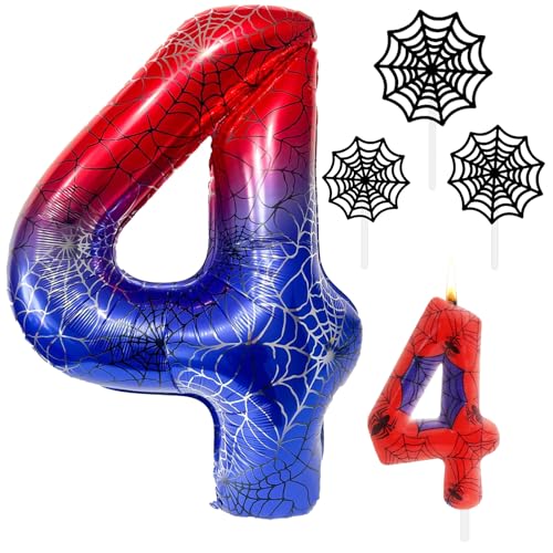 Spider Geburtstagsdeko 4 Jahre Set 40 Zoll Spinne Luftballon 4 Jahre Mit Geburtstagskerzen Zahlen 4 Spinnennetz Tortendeko Geburtstag Spider-Party Deko Set von Huahuanghui