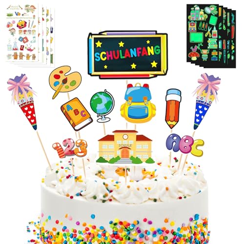 Schulanfang Tortendeko,12pcs Tortendeko Einschulung,Schulanfang Cake Topper,Einschulung deko Torte Mädchen und Junge,Schuleinführung Torte Dekorationen Muffin deko(Kostenlose Aufkleber) von Huahuanghui