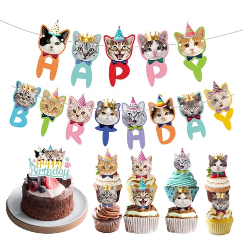 Huakaile 10 Stück Katzengeburtstagsdekorationen, Katzen-Happy Birthday-Banner + Kuchenaufsatz + 8 Kitty-Cupcake-Topper, Kätzchengesicht-Ausschnitte, Katzen-Themen-Partyzubehör für Mädchen, Jungen, Huakaile 10 Stück Katzengeburtstagsdekorationen, Katzen-Happy Birthday-Banner + Kuchenaufsatz + 8 Kitty-Cupcake-Topper, Kätzchengesicht-Ausschnitte, Katzen-Themen-Partyzubehör für Mädchen, Jungen, von Huakaile