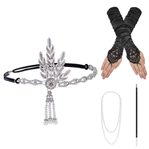 Huamengyuan 1920er Damen Flapper Accessoires Zubehör-Kostüm Set 1920er Jahre Mode Stirnband Halter Lange Handschuhe Perlenkette für Damen Huamengyuan 1920er Damen Flapper Accessoires Zubehör-Kostüm Set 1920er Jahre Mode Stirnband Halter Lange Handschuhe Perlenkette für Damen von Huamengyuan