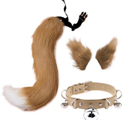 Huamengyuan Cosplay Kostüm Set, Schwanz und Ohren Set Faux Furry Fox Wolf Tail Kit mit Langer Fuchsschwanz und Ohren und Glockenkragen für Karneval Party Dekoration Kostüm Dressing von Huamengyuan