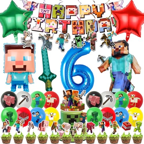 Huangzd 54 Stück Pixe Geburtstagsdeko 6 Jahre Junge, Pixe Luftballons Geburtstag Set, Kindergeburtstag Folienballon, Geburtstag Party Deko Ballons Set für Kinder (6) von Huangzd