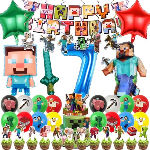 Huangzd 54 Stück Pixe Geburtstagsdeko 7 Jahre Junge, Pixe Luftballons Geburtstag Set, Kindergeburtstag Folienballon, Geburtstag Party Deko Ballons Set für Kinder (7) von Huangzd
