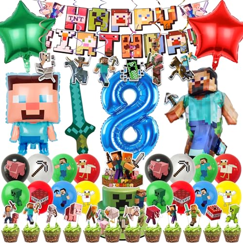 Huangzd 54 Stück Pixe Geburtstagsdeko 8 Jahre Junge, Pixe Luftballons Geburtstag Set, Kindergeburtstag Folienballon, Geburtstag Party Deko Ballons Set für Kinder (8) von Huangzd