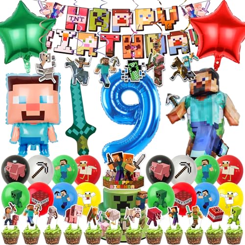 Huangzd 54 Stück Pixe Geburtstagsdeko 9 Jahre Junge, Pixe Luftballons Geburtstag Set, Kindergeburtstag Folienballon, Geburtstag Party Deko Ballons Set für Kinder (9) von Huangzd