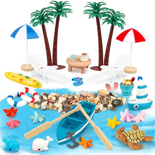 Huanmin Strand-Mikrolandschaft 32 Stück Strand Deko Miniatur Set, mini strandkorb deko, Miniatur liegestuhl Sonnenschirm Palme,Schildkröte und Meer,Muscheln Deko, für DIY, Garten Dekoration, Geschenk von Huanmin