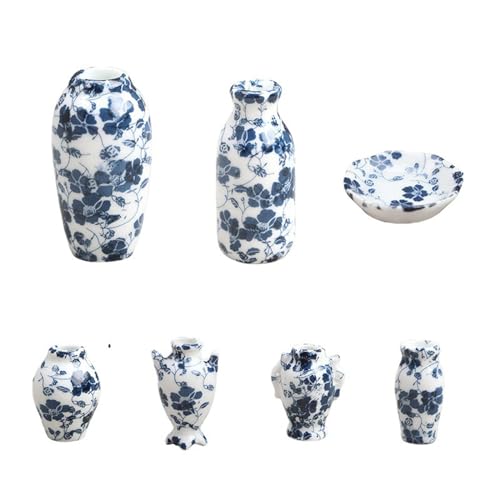 Huaqgu 1:12 Puppenhaus Zubehör 7-teiliges Porzellan Set Für Hausdekoration Küche Miniatur Simulationsmöbel Set Modell Blaue Und Weiße Porzellanvase von Huaqgu