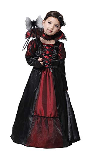 Huarsion Vampir Kostüm Mädchen Halloween Kostüm Vampir Kleid Gothic Vampirkostüm Dracula Kinderkostüm Vampir Karneval Fasching Halloween Party Cosplay Kostüm, 4-6 Jahre, Schwarz & Rot von Huarsion