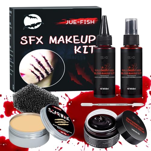 Kunstblut Halloween Schminke Set - Fake Blood 50ml Blutspray + 50ml Tropfendes Blut + 30g Blutcreme + 30g Narbenwachs für Vampir Zombie Wunden Wundschorf Narben Make Up von Huarsion