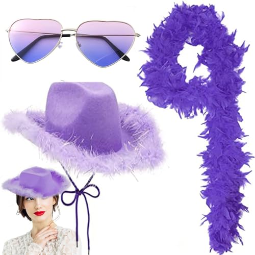 Huasean Lila Cowgirl-Hut, Western-Kostüm, Cowboy-Hut-Set, Cowboy-Hut, Damen-Western-Cowgirl-Hut mit Feder-Bandana und Herz-Sonnenbrille für Junggesellenabschied, Geburtstag, Geburtstag Huasean Lila Cowgirl-Hut, Western-Kostüm, Cowboy-Hut-Set, Cowboy-Hut, Damen-Western-Cowgirl-Hut mit Feder-Bandana und Herz-Sonnenbrille für Junggesellenabschied, Geburtstag, Geburtstag von Huasean
