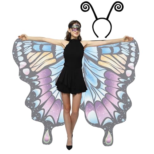 Huaxingda Schal mit Schmetterlingsflügeln, Schmetterlingsflügel-Kostüm für Damen - Halloween Schmetterlingsflügel Kostüm für Erwachsene - Bunte Schmetterlingsflügel mit Maske und Antennenstirnband für von Huaxingda