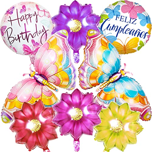 Blumen Luftballon Bunt Schmetterling Helium Ballon, Schmetterlings Folienballon Blumen Aluminium Folienballons für Sommerparty Kinder Geburtstag Party Baby Shower Dekoration (8 Stücke) von Huaxintoys