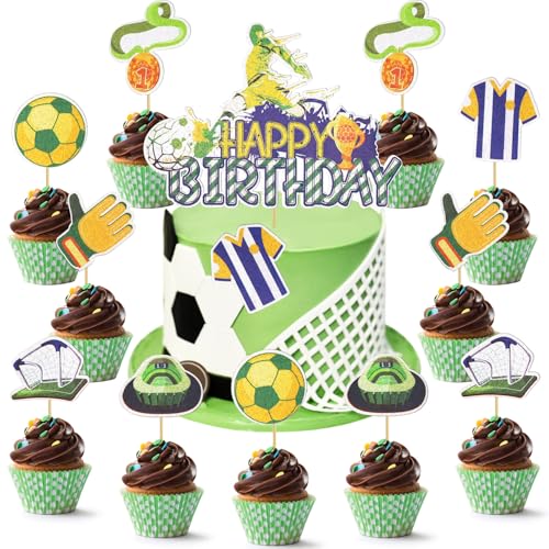 Fußball-Thema Geburtstags Cake Toppers, 1 Happy birthday Tortendeko und 12 Fußball-Elemente Cake Toppers, Fußball-Thema Cartoon Kuchendeckel für Kindergeburtstag Party Dekoration von Huaxintoys