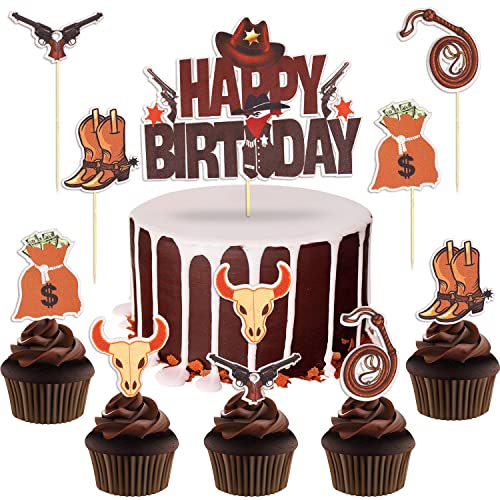 Huaxintoys 11 Stück Cowboy Tortendeko Geburtstag, Happy Birthday Tortendeko, Western Tortenaufleger, Western Kuchen Topper mit Cowboy-Elemente Geburtstag Dekoration von Huaxintoys