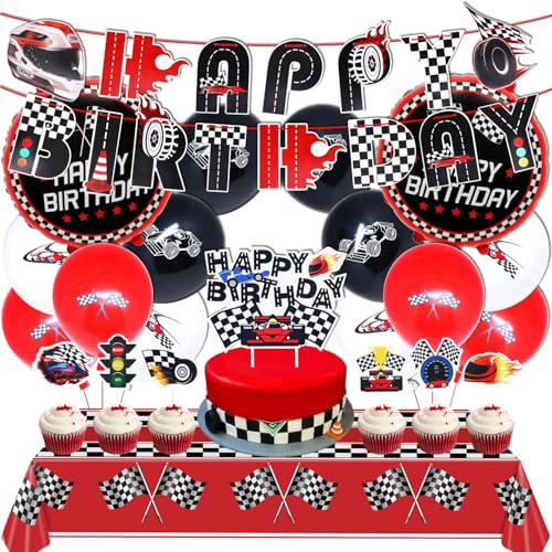 Huaxintoys Rennwagen Geburtstags Deko, Rennwagen Cupcake Toppers, Rennauto Ballons Geburtstagsdeko, Rennwagen Tischdecke, Rennwagen Theme für Kinder Geburtstagsparty Deko (23 Stück) von Huaxintoys