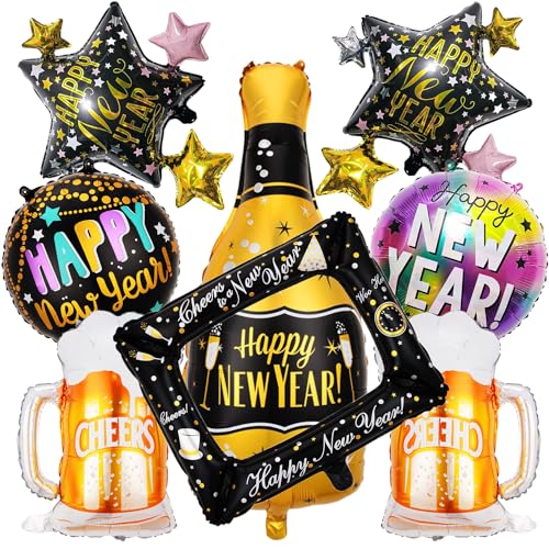Neujahrsparty Folienballon, Silvester Deko Folienballon, Neujahrsdeko Happy New Year Helium Ballons, Schwarz Gold Luftballons für Silvester party Silvester dekoration (8 Stück) von Huaxintoys