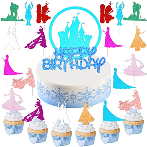 Prinzessinnen Geburtstags Cake Toppers, 1 Schloss Tortendeko und 20 Prinzessinnen Cake Toppers, Prinzessinnen Cartoon Kuchendeckel für Kindergeburtstag Party Dekoration (A4) von Huaxintoys