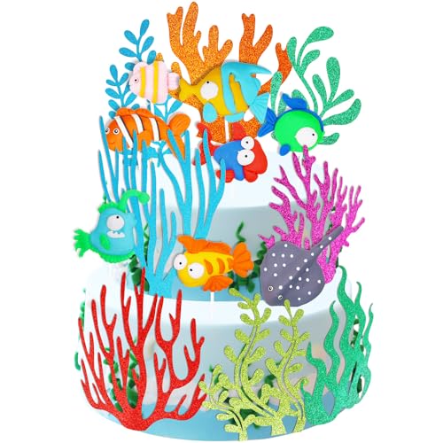 Tortendeko Unterwasserwelt Cake Topper, Ozean Themen Kuchen Dekoration Deko, 3D Meerestiere Cake Dekoration für Kinder Unter Dem Ocean World Thema Geburtstag Baby Shower Party Supplies (16 Stück) von Huaxintoys
