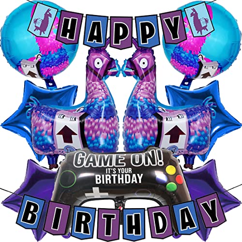 Videospiel Party Aluminium Ballons und Banner für Geburtstag,Aluminium Folienballon in Gamepad-Form,Alpaka Luftballons Videospiel Thema Partyzubehör Set für Kindergeburtstagsfeier Deko(10 Stück) von Huaxintoys