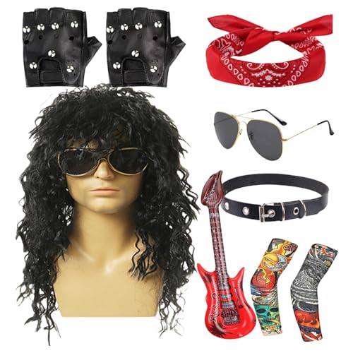 Huayeex Herren Rocker Kostüm | Metal Disco Hippie Kleidung | Perücke Sonnenbrille Set Punk Stil für Bühne Festival Halloween Unisex Huayeex Herren Rocker Kostüm | Metal Disco Hippie Kleidung | Perücke Sonnenbrille Set Punk Stil für Bühne Festival Halloween Unisex von Huayeex
